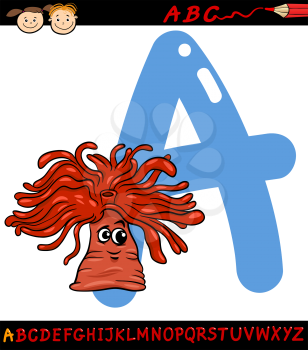 Cartoon Illustration of Capital Letter A from Alphabet with Anemone Animal for Children Education