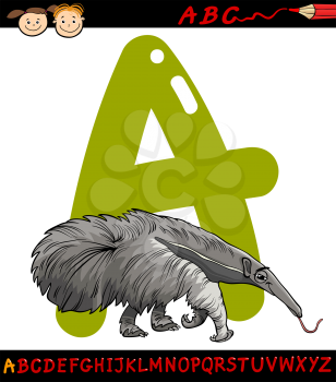 Cartoon Illustration of Capital Letter A from Alphabet with Anteater Animal for Children Education
