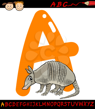 Cartoon Illustration of Capital Letter A from Alphabet with Armadillo Animal for Children Education