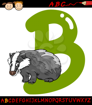 Cartoon Illustration of Capital Letter B from Alphabet with Badger Animal for Children Education