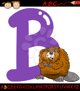 Cartoon Illustration of Capital Letter B from Alphabet with Beaver Animal for Children Education