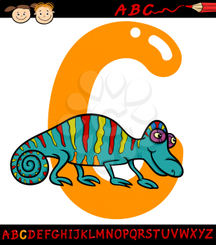 Cartoon Illustration of Capital Letter C from Alphabet with Chameleon Animal for Children Education
