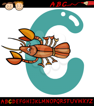 Cartoon Illustration of Capital Letter C from Alphabet with Crayfish Animal for Children Education