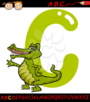 Cartoon Illustration of Capital Letter C from Alphabet with Crocodile Animal for Children Education