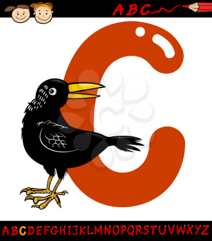 Cartoon Illustration of Capital Letter C from Alphabet with Crow Bird Animal for Children Education