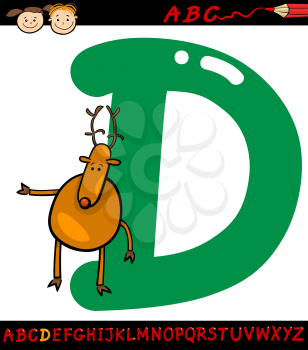Cartoon Illustration of Capital Letter D from Alphabet with Deer Animal for Children Education