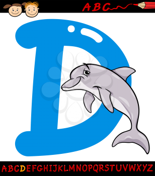 Cartoon Illustration of Capital Letter D from Alphabet with Dolphin Animal for Children Education