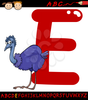 Cartoon Illustration of Capital Letter E from Alphabet with Emu Bird Animal for Children Education