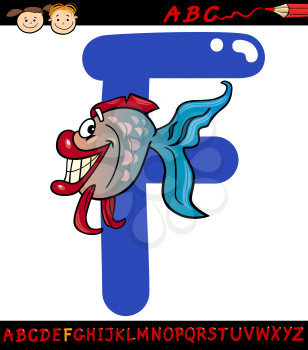 Cartoon Illustration of Capital Letter F from Alphabet with Fish Animal for Children Education