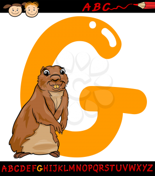 Cartoon Illustration of Capital Letter G from Alphabet with Gopher Animal for Children Education