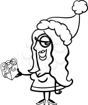 Black and White Cartoon Illustration of Cute Girl Santa Claus Character with Christmas Present for Coloring Book