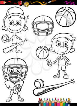 Coloring Book or Page Cartoon Illustration of Black and White Boy Kid Playing Baseball and Basketball and American Football Set for Children