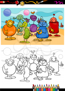 Coloring Book or Page Cartoon Illustration of Black and White Funny Fantasy Characters or Aliens Group for Children