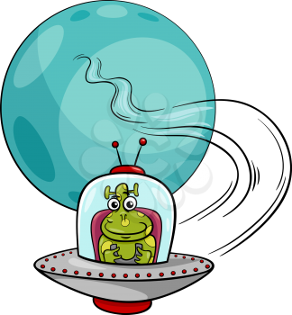 Cartoon Illustration of Funny Alien or Martian Comic Character in Ufo Spaceship