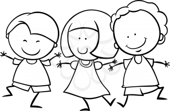 Black and White Cartoon Illustration of Cute Happy Multicultural Children Boys and Girl Characters for Coloring Book