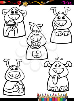 Coloring Book or Page Cartoon Illustration of Black and White Funny Dogs Expressing Emotions Set for Children