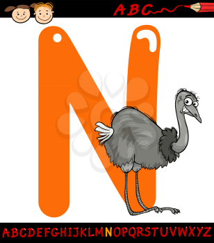 Cartoon Illustration of Capital Letter N from Alphabet with Nandu Bird Animal for Children Education