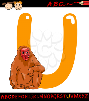 Cartoon Illustration of Capital Letter U from Alphabet with Uakari Animal for Children Education