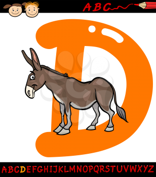 Cartoon Illustration of Capital Letter D from Alphabet with Donkey Animal for Children Education