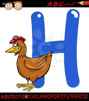Cartoon Illustration of Capital Letter H from Alphabet with Hen Farm Animal for Children Education