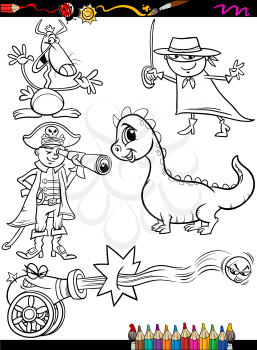 Coloring Book or Page Cartoon Illustration of Black and White Funny Fantasy Characters Set for Children