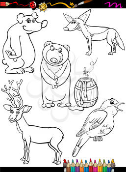 Coloring Book or Page Cartoon Illustration of Black and White Funny Animals Characters Set for Children