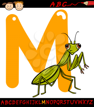 Cartoon Illustration of Capital Letter M from Alphabet with Mantis Insect Animal for Children Education