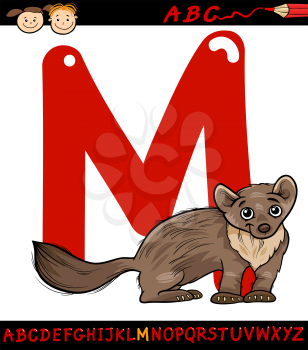 Cartoon Illustration of Capital Letter M from Alphabet with Marten Animal for Children Education