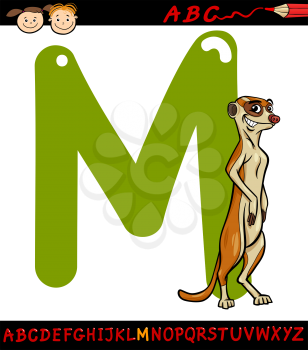 Cartoon Illustration of Capital Letter M from Alphabet with Meerkat Animal for Children Education