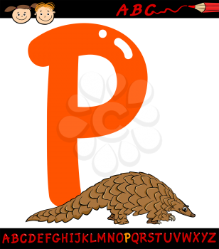 Cartoon Illustration of Capital Letter P from Alphabet with Pangolin Animal for Children Education