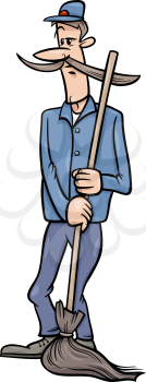 Cartoon illustration of Funny Janitor Man with Broom or Caretaker