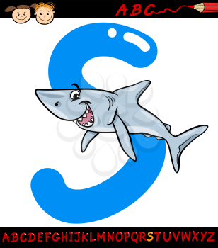 Cartoon Illustration of Capital Letter S from Alphabet with Shark Fish Animal for Children Education
