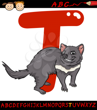 Cartoon Illustration of Capital Letter T from Alphabet with Tasmanian Devil Animal for Children Education