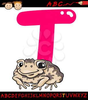 Cartoon Illustration of Capital Letter T from Alphabet with Toad Animal for Children Education