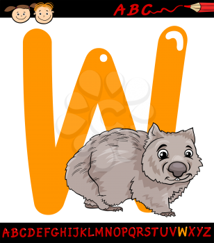 Cartoon Illustration of Capital Letter W from Alphabet with Wombat Animal for Children Education