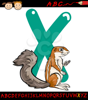 Cartoon Illustration of Capital Letter X from Alphabet with Xerus Animal for Children Education