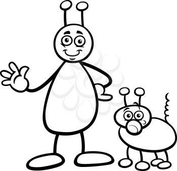 Black and White Cartoon Illustration of Funny Alien or Martian Comic Character with Dog for Coloring Book