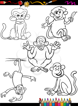 Coloring Book or Page Cartoon Illustration of Black and White Funny Monkeys and Apes Primate Animals Characters Set for Children
