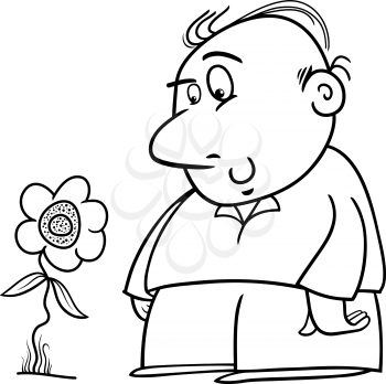 Black and White Cartoon Illustration of Happy Man Character with Sunflower or Flower for Coloring Book