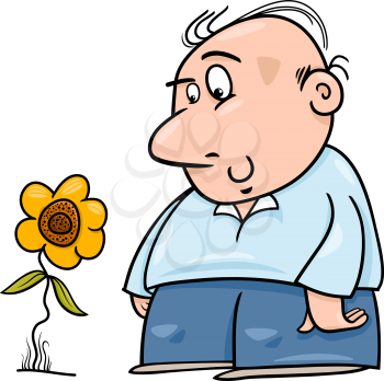 Cartoon Illustration of Happy Man Character with Sunflower or Flower