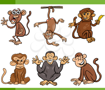 Cartoon Illustration of Funny Monkeys Primate Animals Set