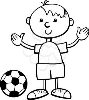 Black and White Cartoon Illustration of Cute Little Boy with Football Ball for Coloring Book