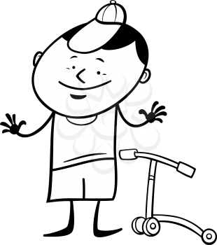 Black and White Cartoon Illustration of Cute Little Boy with Toy Scooter for Coloring Book