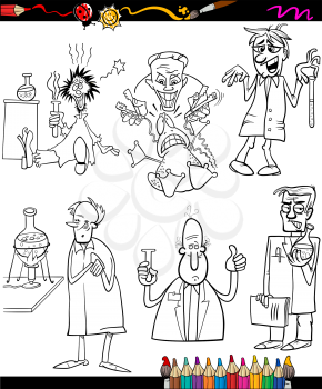 Coloring Book or Page Cartoon Illustration of Black and White Scientists Characters for Children
