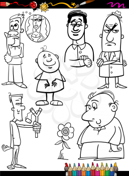 Coloring Book or Page Cartoon Illustration of Black and White Funny People Characters Set