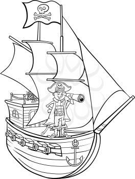 Black and White Cartoon Illustration of Funny Pirate Captain with Spyglass and Ship with Jolly Roger Flag for Coloring Book