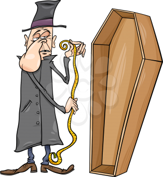 Cartoon Illustration of Undertaker with Centimeter Measure and Coffin