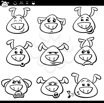 Black and White Cartoon Illustration of Funny Dogs Expressing Emotions or Emoticons Set Coloring Book