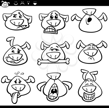 Black and White Cartoon Illustration of Funny Dogs Expressing Emotions or Emoticons Set Coloring Book