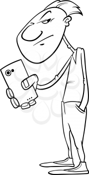 Black and White Cartoon Illustration of Man Shooting or Filming with Smartphone for Coloring Book